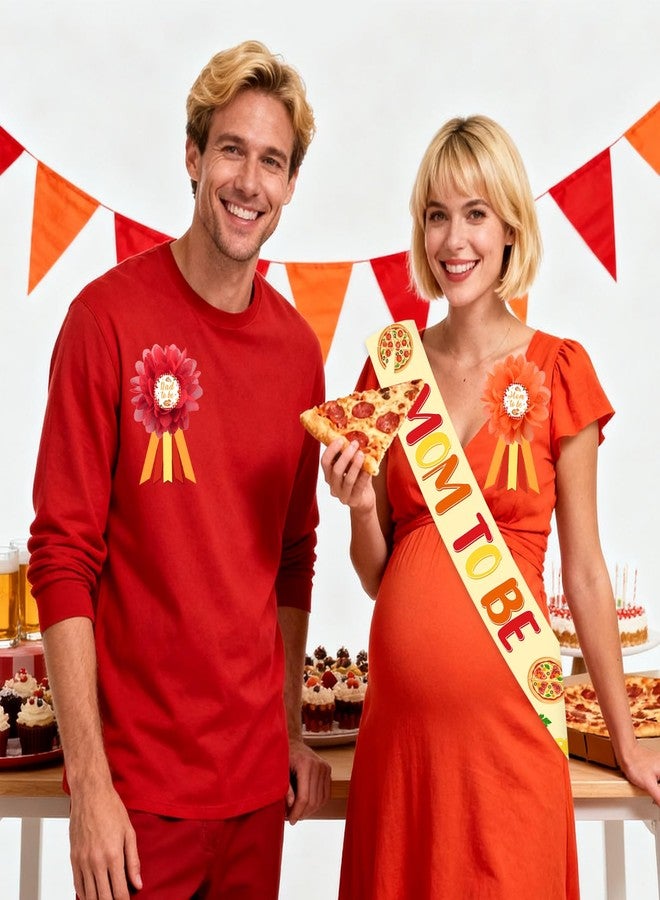 Cheerupp Pizza Baby Shower Maternity Sash Kit, Fast Food Gender Reveal Sash and Mom to Be Dad to Be Corsage Pins, New Parents Pregnancy Announcement Photo Props Party Supplies - Image 3